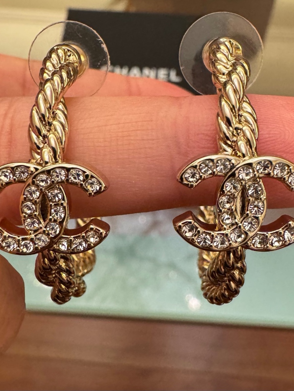 Limited Edition Classic Chanel CC Logo Gold Strass Crystal Hoop Earrings